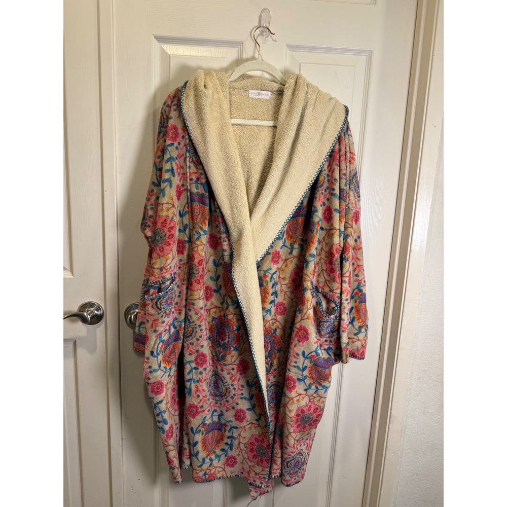 Natural Life Floral Sherpa Lined Hooded Robe Pink Blue Paisley Size S/M